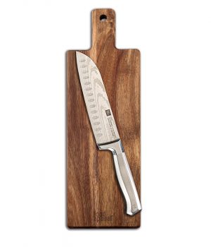 לויזון מרקט,סכין סנטוקו 18 ס"מ + קרש חיתוך עץ שיטה 50X15X1.5 ס"מ ONO פוד אפיל,