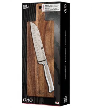 לויזון מרקט,סכין סנטוקו 18 ס"מ + קרש חיתוך עץ שיטה 50X15X1.5 ס"מ ONO פוד אפיל,
