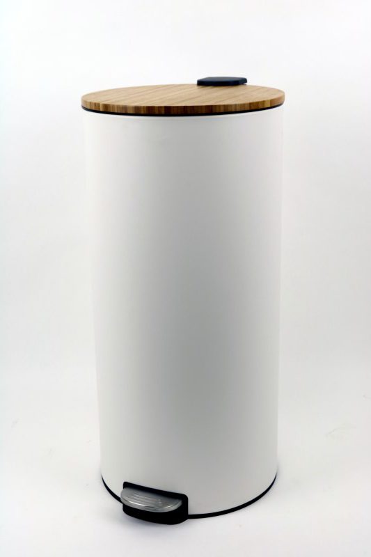 לויזון מרקט,פח דוושה עגול 30 ליטר לבן מט מכסה במבוק DUNE, לויזון מרקט,פח דוושה עגול 30 ליטר לבן מט מכסה במבוק DUNE,